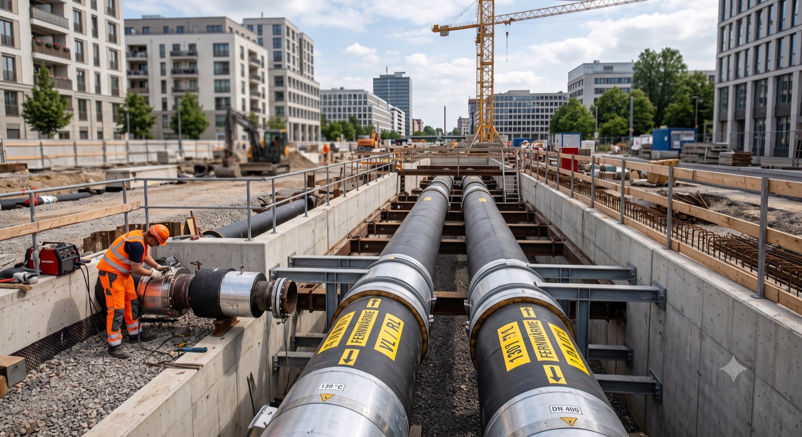 Fernwärme-Leitungsbau in der Stadt: gedämmte Vor- und Rücklaufleitungen in einem offenen Betonkanal
